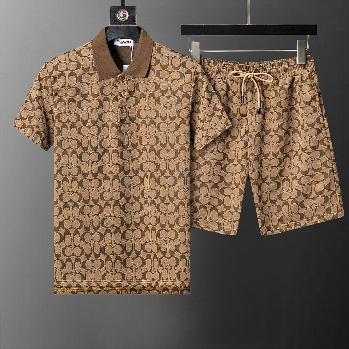 6636 COACH Jacquard Knit Collared Shirt and Shorts Set - Khaki