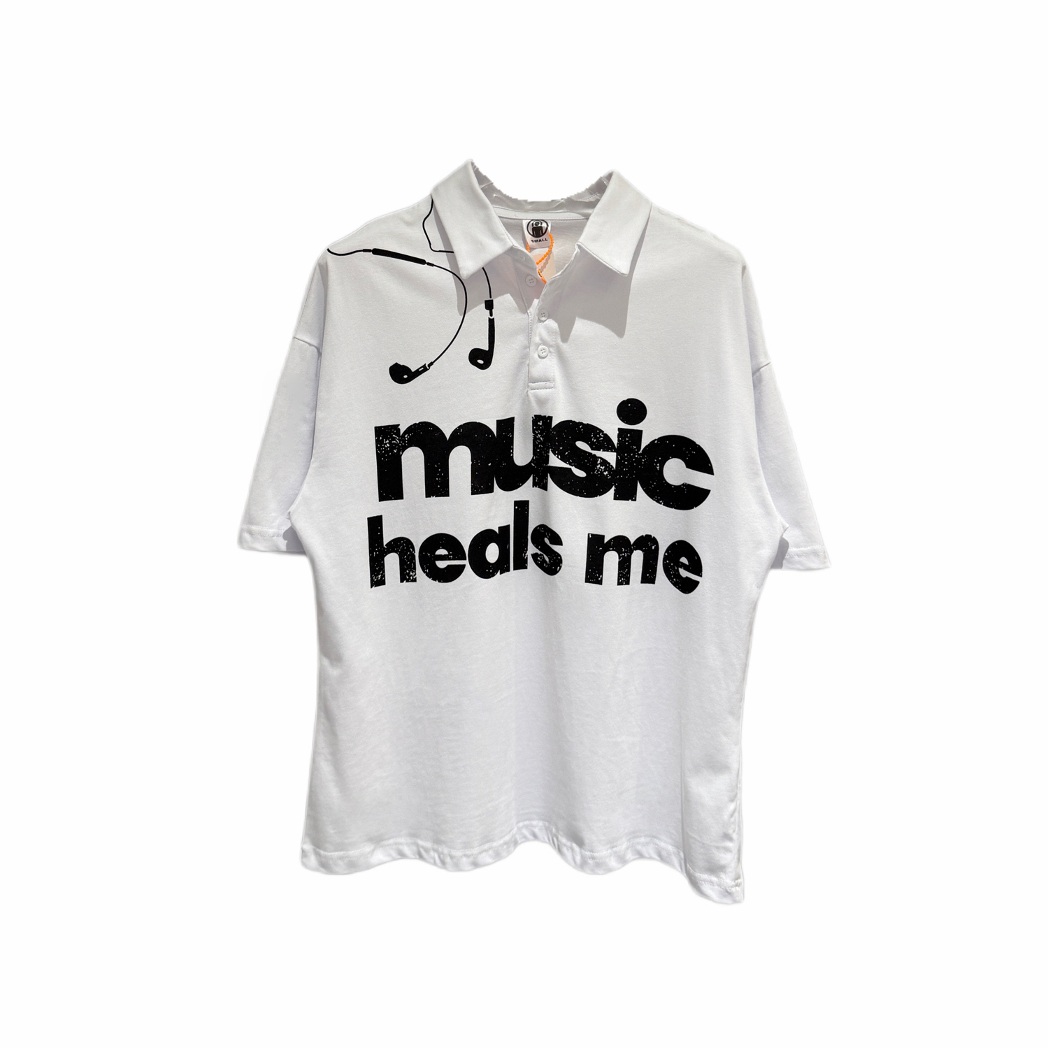 676-9 Music Heals Me Headphone-Print Y2K Short-Sleeve Polo Shirt