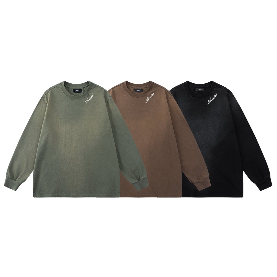 8129 AMIRI Signature-Embroidered Collar Faded-Wash Long-Sleeve T-Shirt - Black, Chocolate or Khaki Green - S-XL