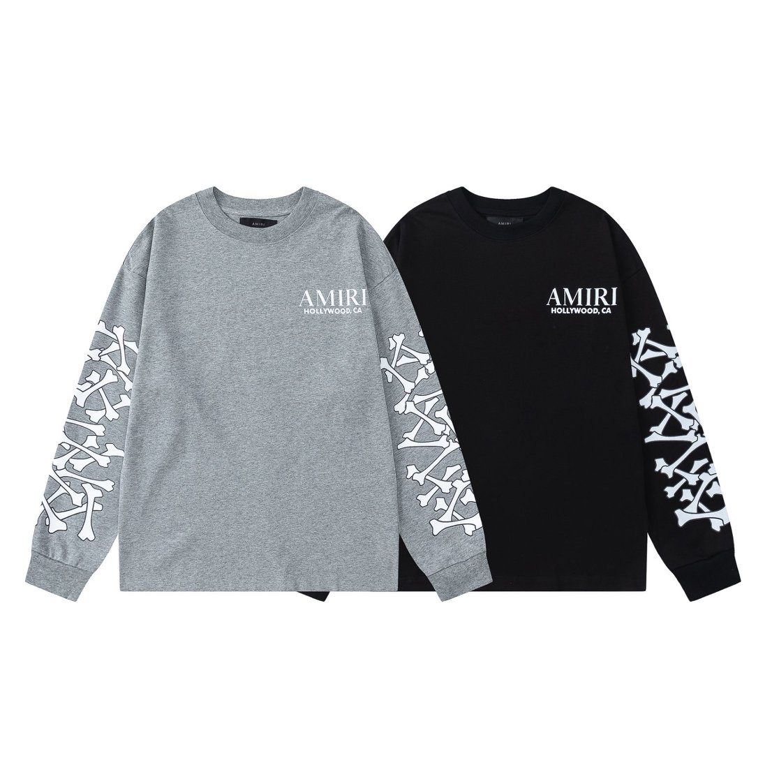 7118-02 AMIRI Bone-Print Crewneck Long-Sleeve Top - Black or Heather Grey - S-XL