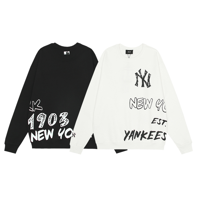 Y668926#  可扫码验证NY&MLB刺绣印花前后拼接涂鸦字母1903纯棉圆领毛圈卫衣 黑色 白色 M L XL XXL · cover