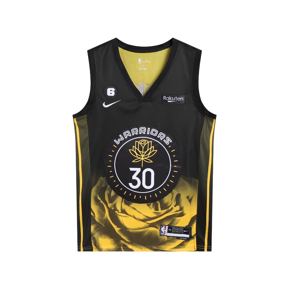 （款号S030）【顶级刺绣版本】白底细节图 独家上新 NIKE×NBA 金州勇士队2023最新款金色莲花球衣 斯蒂芬库里30号球衣专柜zp一比一 NBA耐克nike篮球衣 球衣 超透气网眼面料 · cover