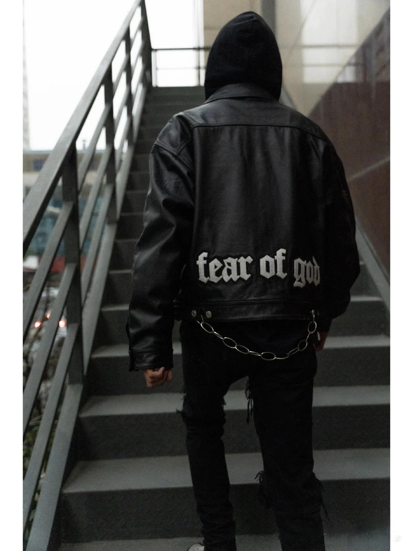 9-W018  FEAR OF GOD限定刺绣美式美潮高街机车皮衣加棉夹克 黑色SMLXL · image 8