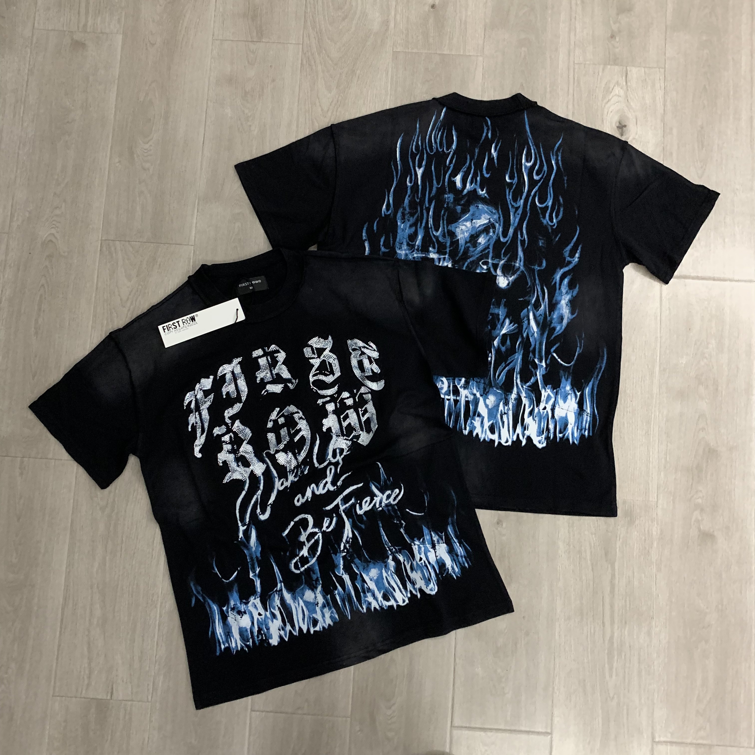 F102#   FIRST ROW WAKE UP AND BE FIERCE FLAME TEE烫钻洗水做旧短袖T恤 · image 14