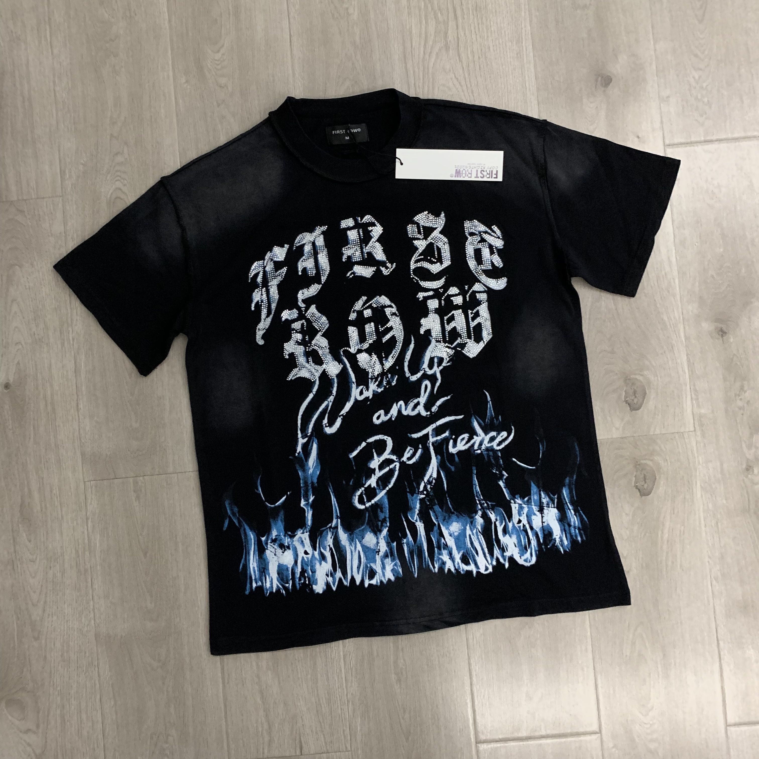 F102#   FIRST ROW WAKE UP AND BE FIERCE FLAME TEE烫钻洗水做旧短袖T恤 · image 15