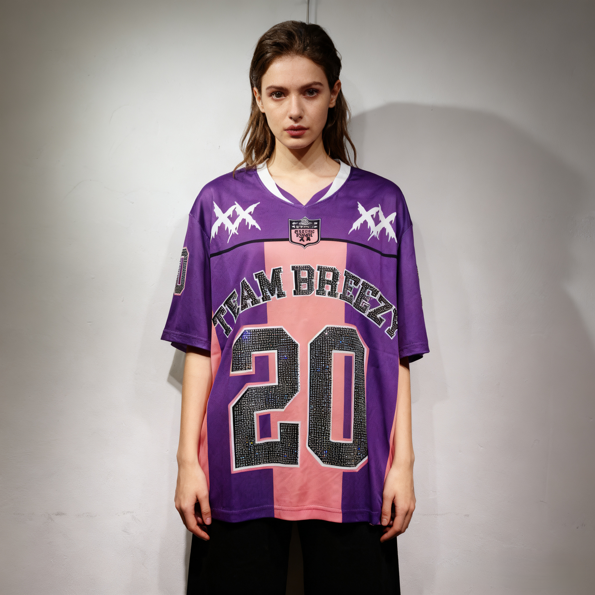CT022 烫钻改版Team Breezy定制烫钻橄榄球衫TEAM BREEZY美式橄榄球联盟标志聚酯纤维面料 蓝色 咖啡 紫色SMLXL SMLXL · image 12