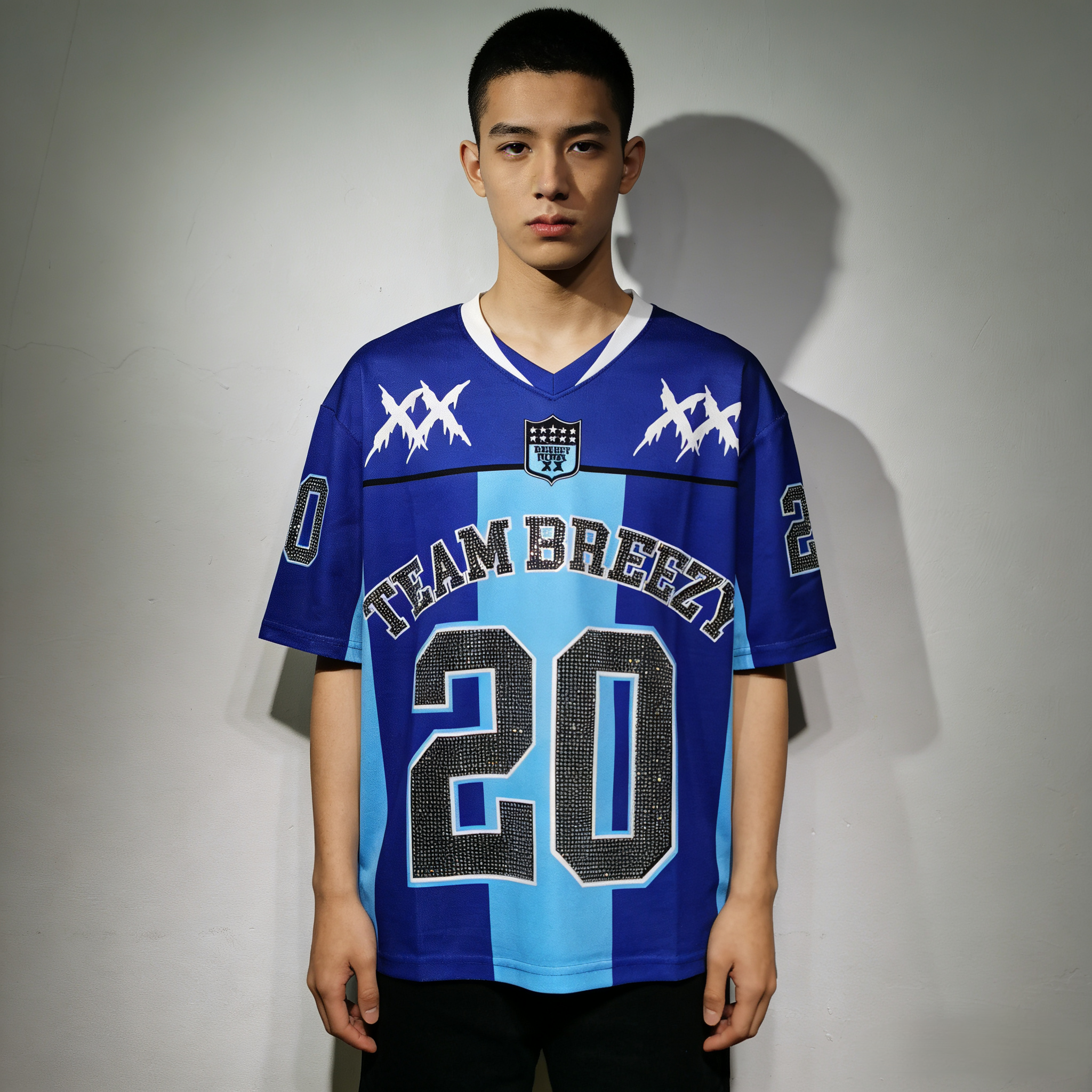 CT022 烫钻改版Team Breezy定制烫钻橄榄球衫TEAM BREEZY美式橄榄球联盟标志聚酯纤维面料 蓝色 咖啡 紫色SMLXL SMLXL · image 16