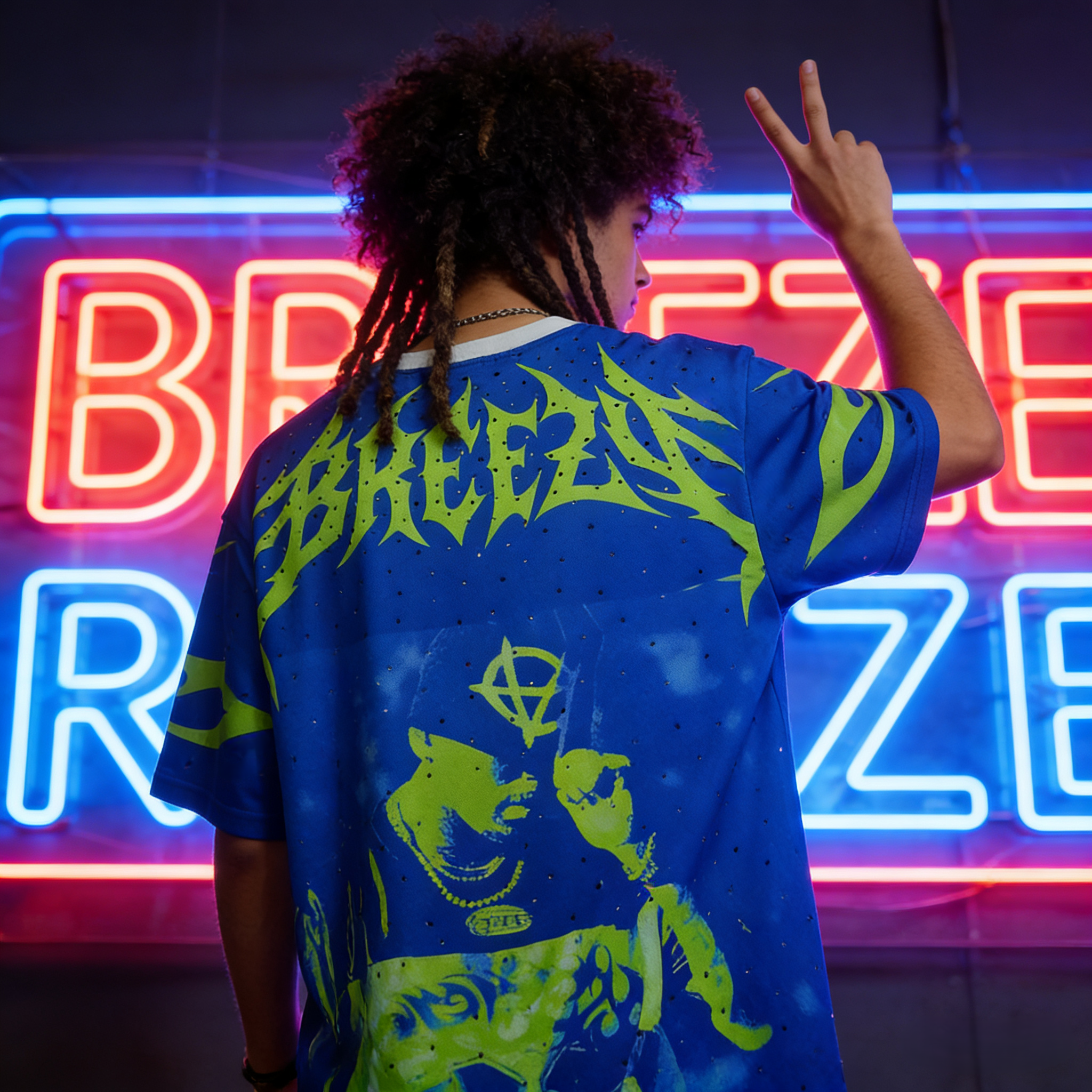 CT021 CMDTeam Freeze足球服0皇家蓝，数码+胸前"TEAM FREEZE"字样＋抽象图案 街头风 透气聚酯纤维 运动休闲宽松版型 后背袖口和下摆荧光绿烫钻点缀 · image 10