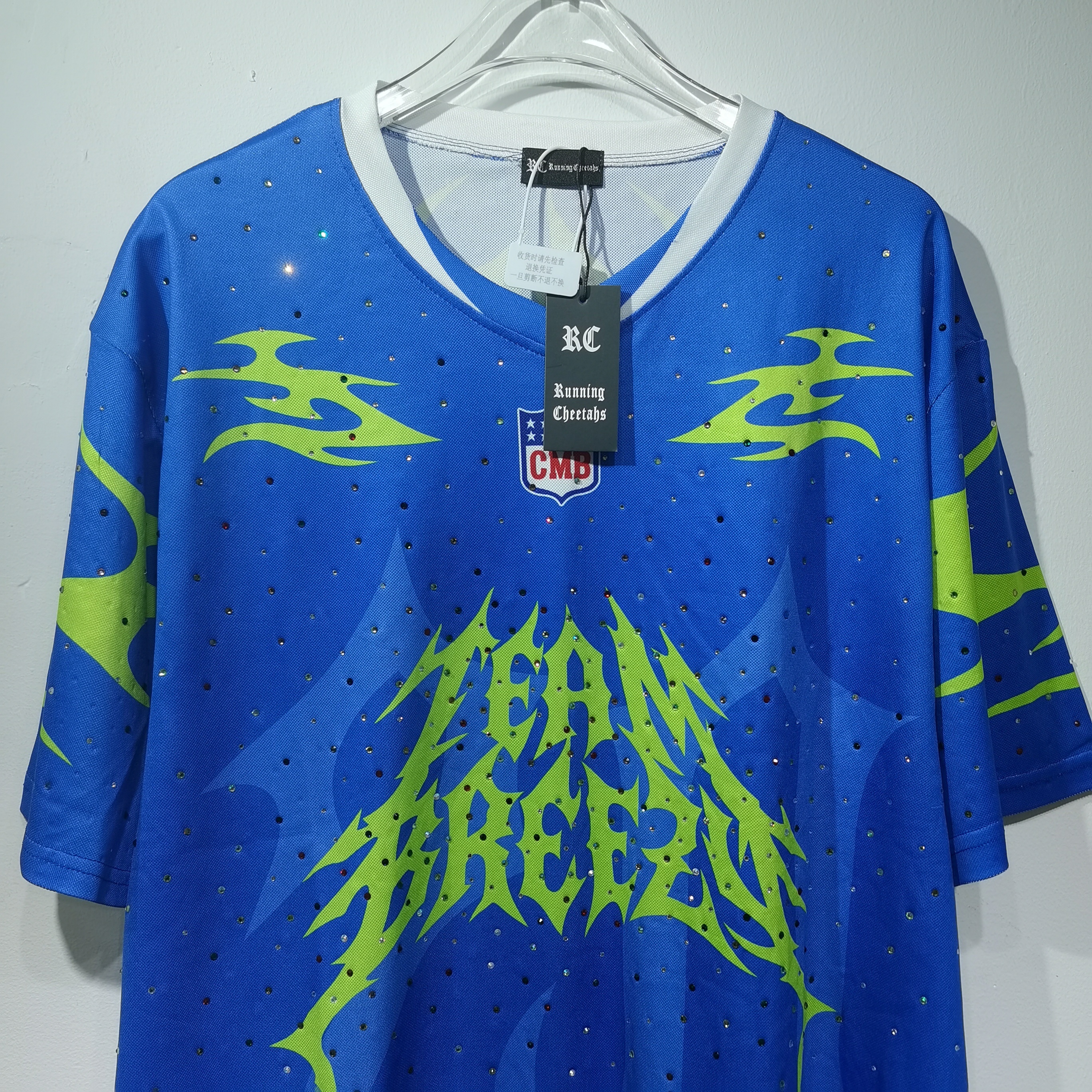 CT021 CMDTeam Freeze足球服0皇家蓝，数码+胸前"TEAM FREEZE"字样＋抽象图案 街头风 透气聚酯纤维 运动休闲宽松版型 后背袖口和下摆荧光绿烫钻点缀 · image 52