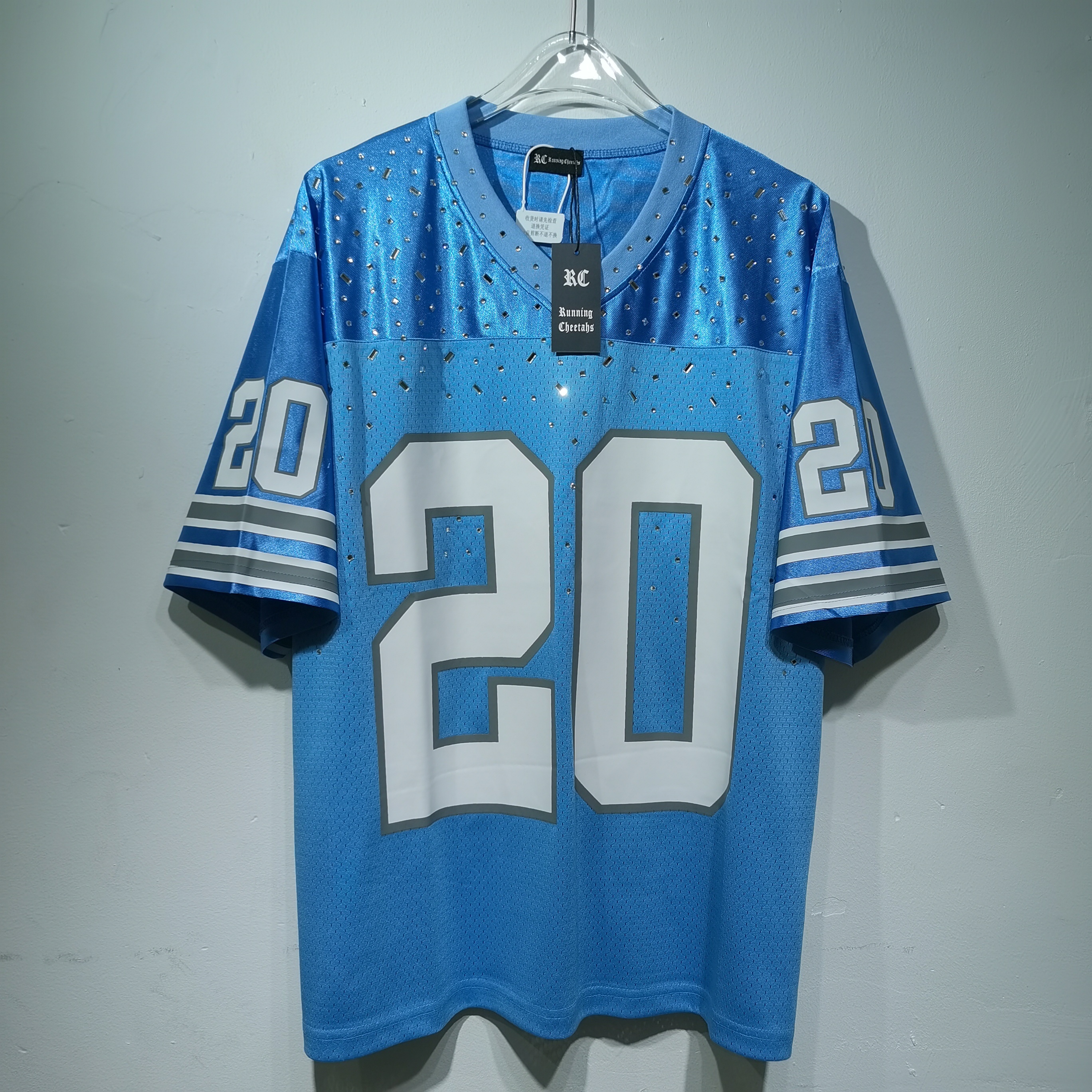 CT026蓝色20号美式橄榄球服透气网眼面料正面"20"数字＋灰色袖口条纹印花装饰运动网面洞布 · image 13