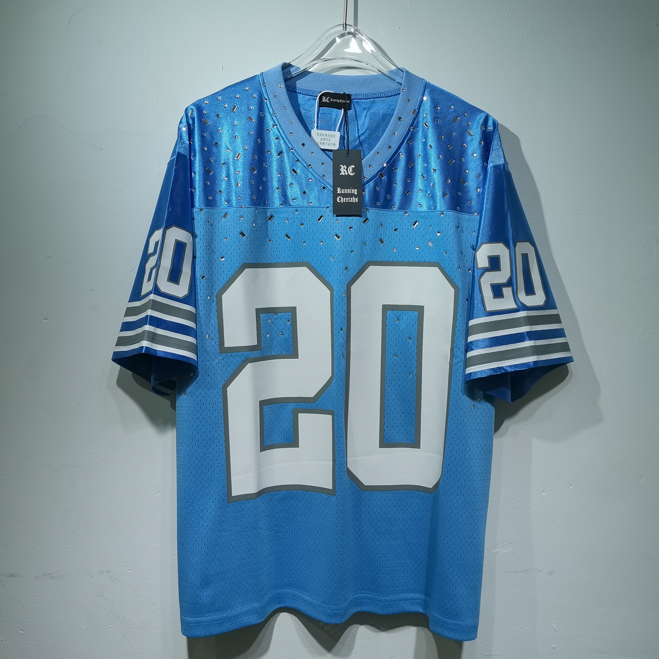 CT026蓝色20号美式橄榄球服透气网眼面料正面"20"数字＋灰色袖口条纹印花装饰运动网面洞布 · image 14