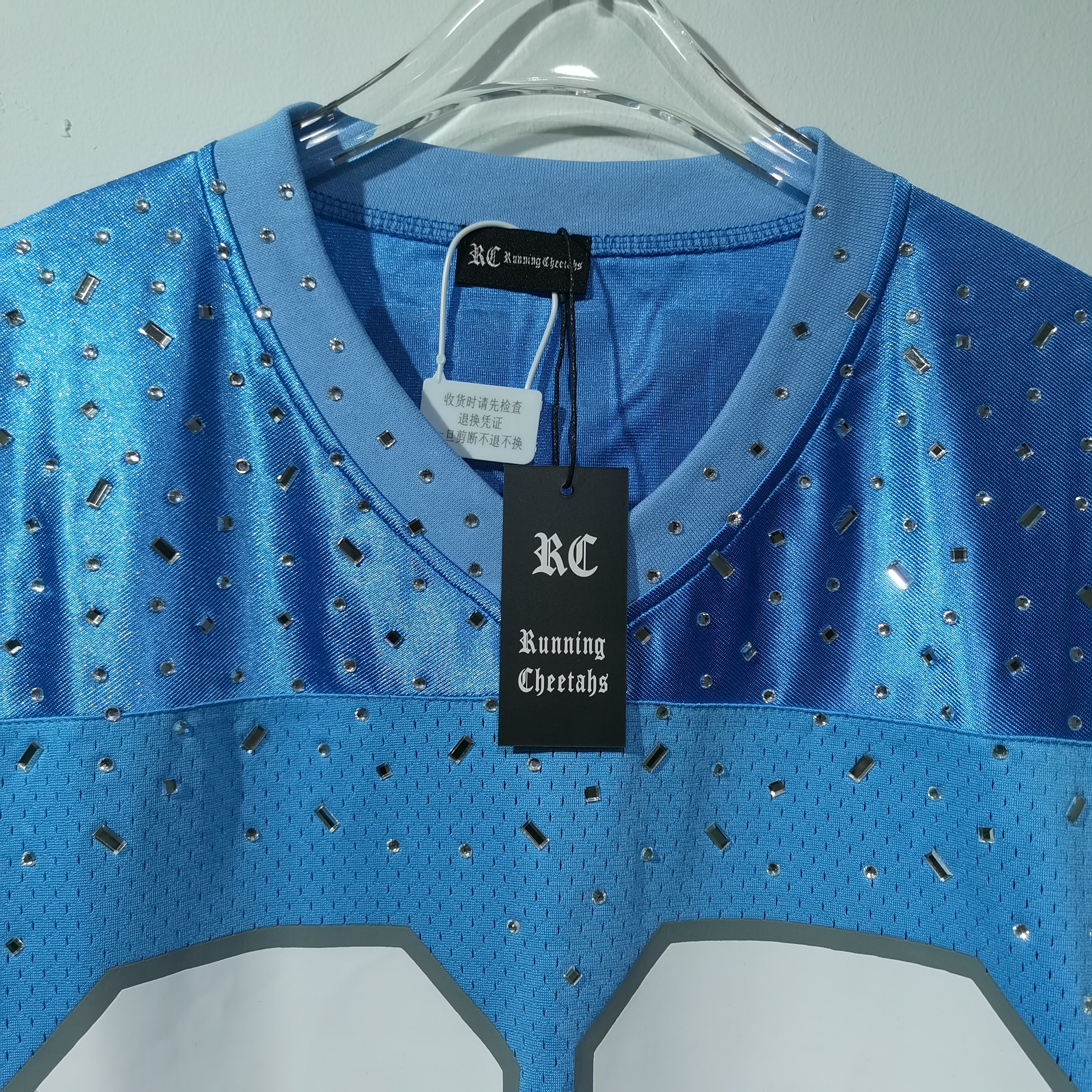 CT026蓝色20号美式橄榄球服透气网眼面料正面"20"数字＋灰色袖口条纹印花装饰运动网面洞布 · image 15