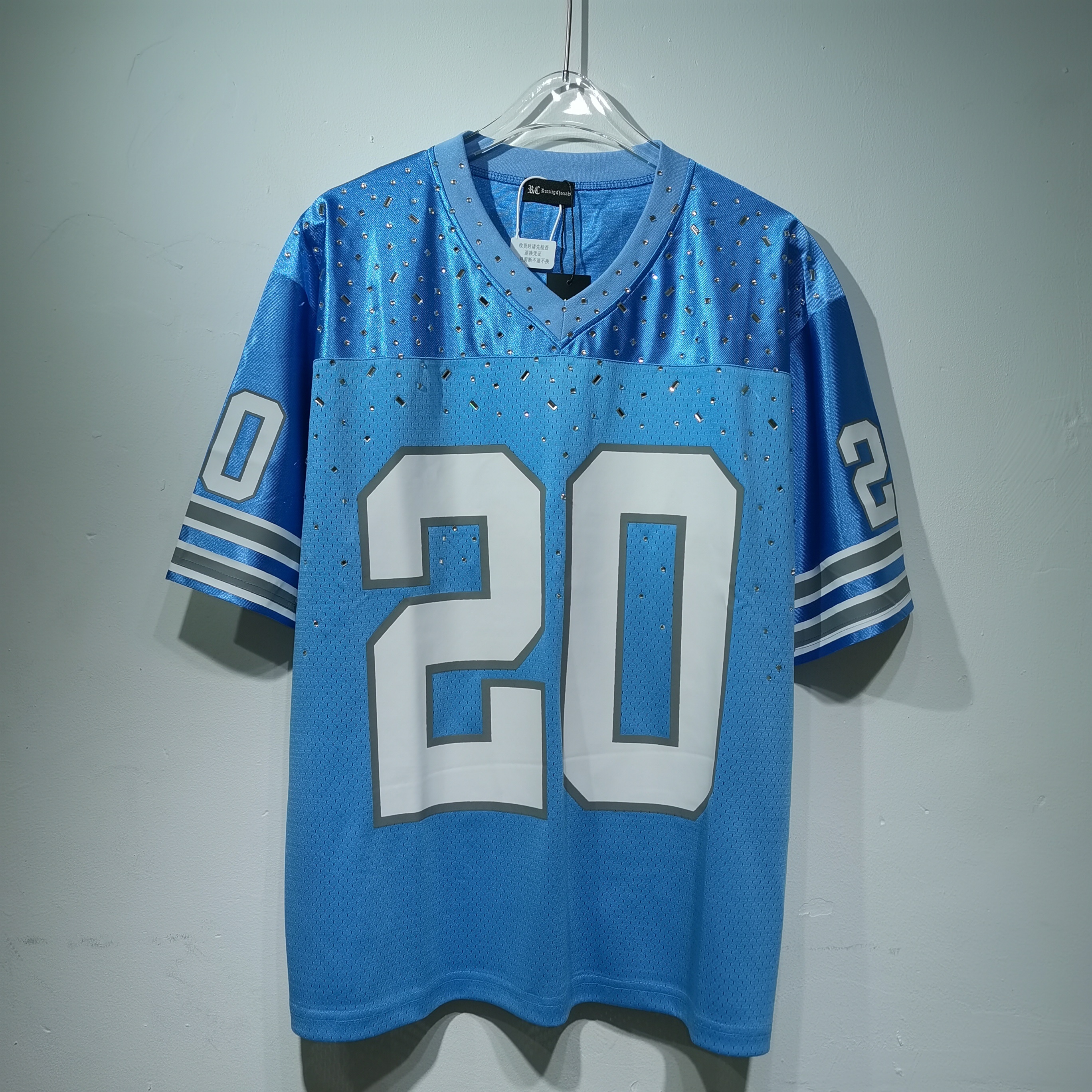 CT026蓝色20号美式橄榄球服透气网眼面料正面"20"数字＋灰色袖口条纹印花装饰运动网面洞布 · image 18