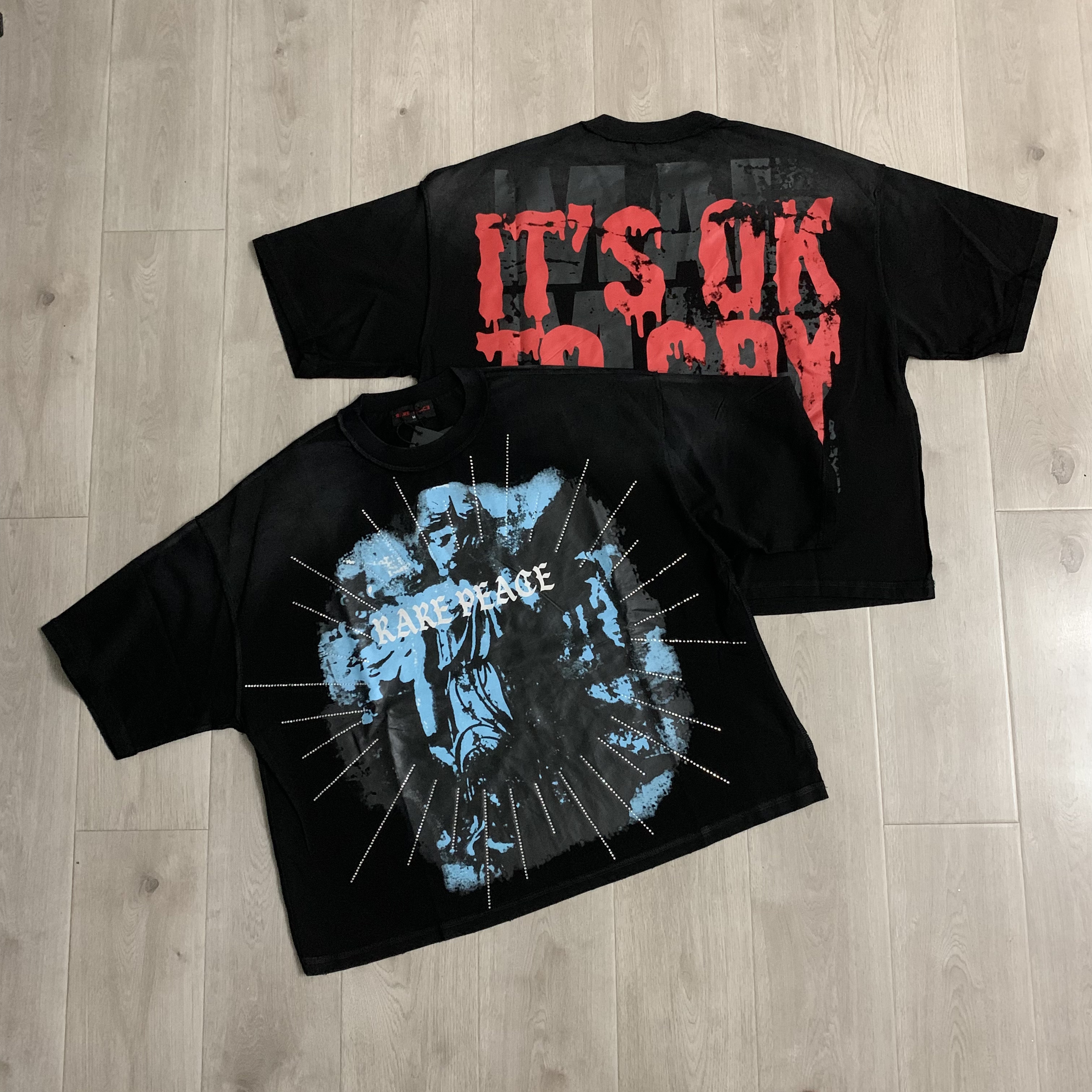 RP119# RARE PEACE It's OK To Cry Graphic Crop Tee街头潮牌oversize超大版型烫钻短袖T恤 · image 14