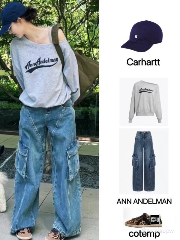 薛凯琪 王心凌同款 款号AN01  ANN ANDELMAN 宽松舒适做旧磨白斜线分割休闲男女同款牛仔裤 深蓝色 · image 19