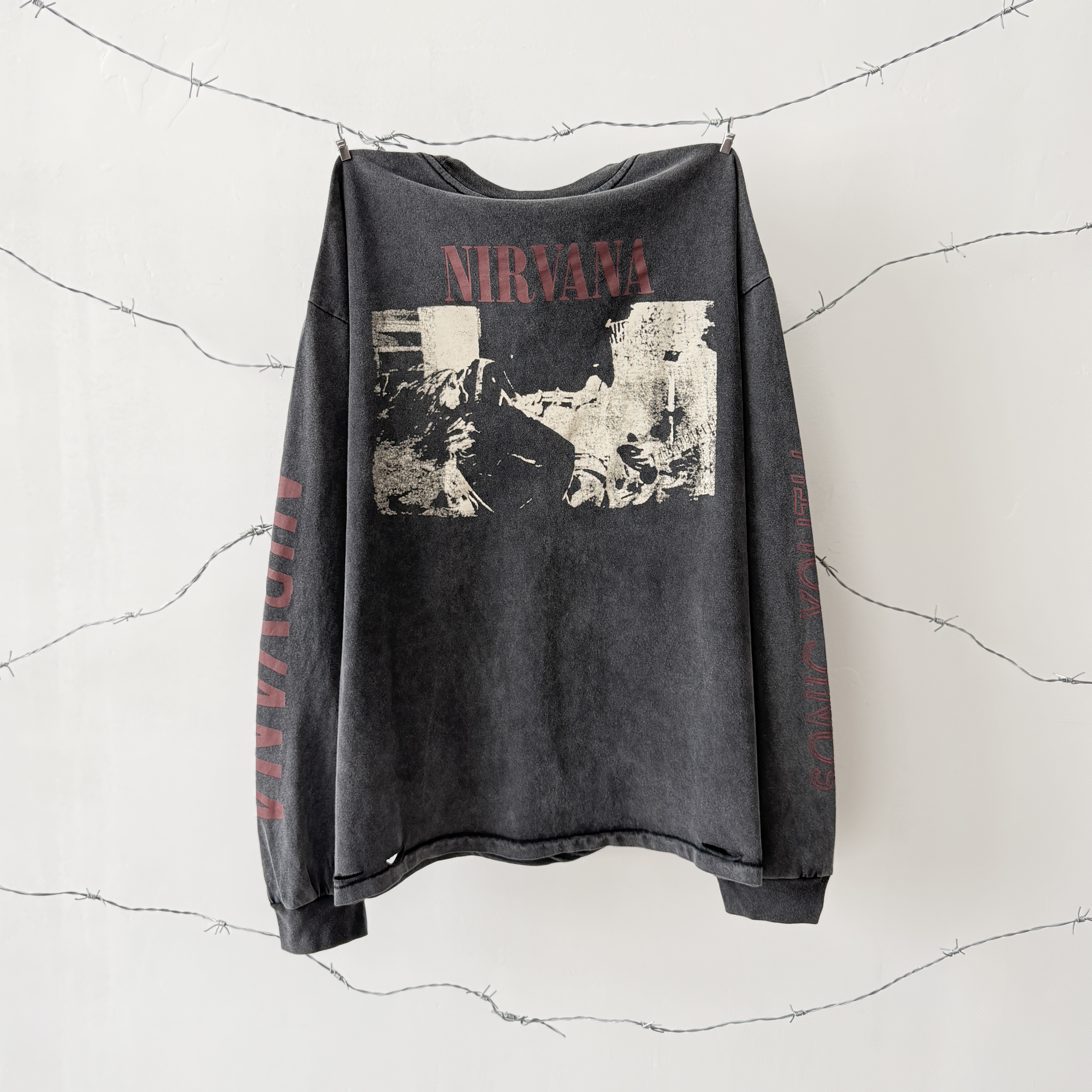 # CTS-184款 1990柯本巡演上身超稀有款长袖 SONIC YOUTH x NIRVANA 洗后280g重磅纯棉面料 复古单缝线天地针工艺 阿苏特酵磨重磅洗水 尺码：S M L XL · image 9